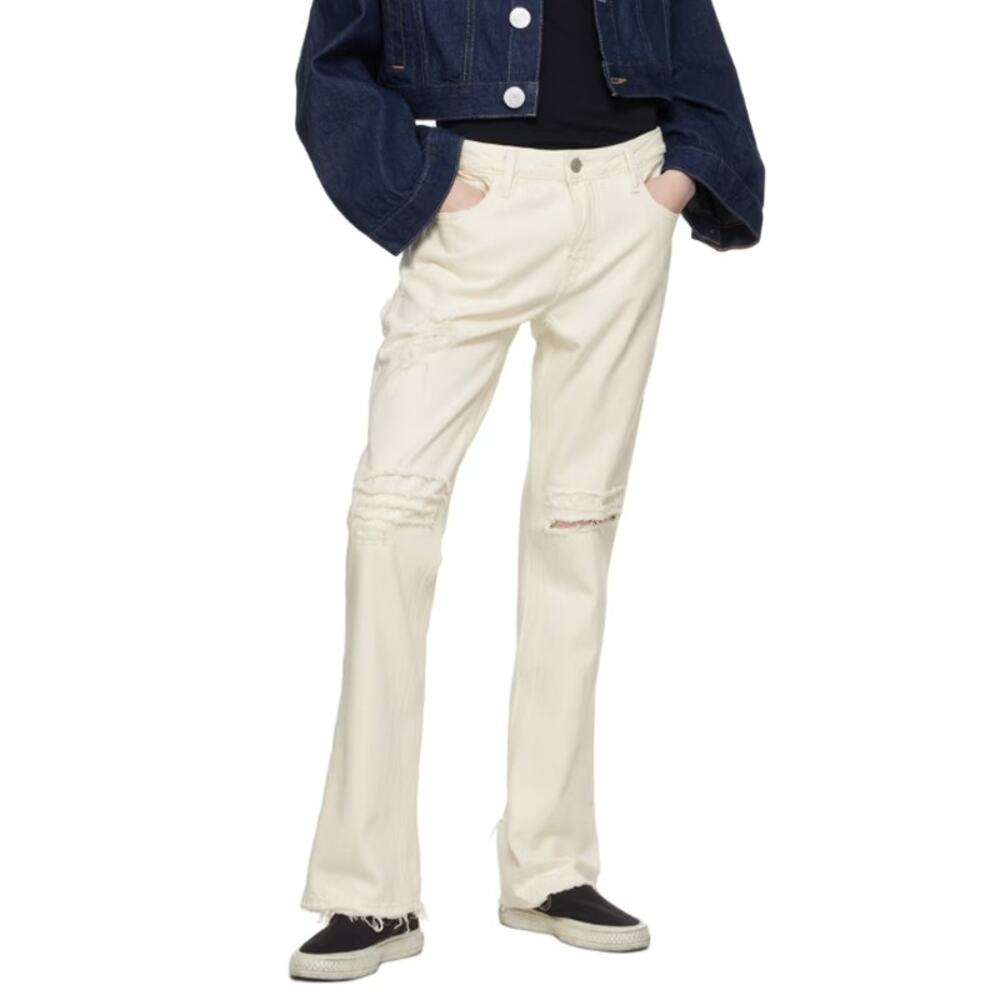 FRAME The Low Boot Jeans Sz 28 Off White Distressed Low Rise Bootcut Cotton